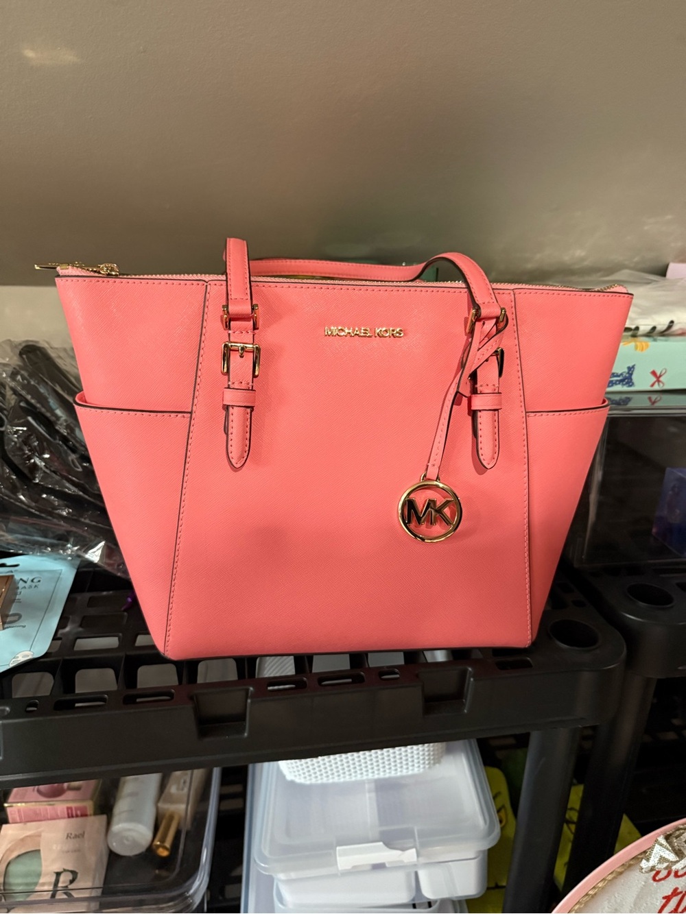 Michael Kors Coral Pink Saffiano Leather Tote with Gold Hardware - Picture 2 of 16